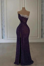 Glamorous Long Purple Strapless Sequined Beading Prom Dress with Slit by misshow.com
