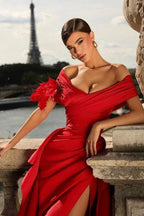 Glamorous Long Red A-line Off-the-shoulder Ruffles Prom Dress with Slit by misshow.com