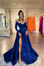 Glamorous Long Royal Blue A-line Halter Long Sleeves Rhinestones Prom Dress With Slit by misshow.com
