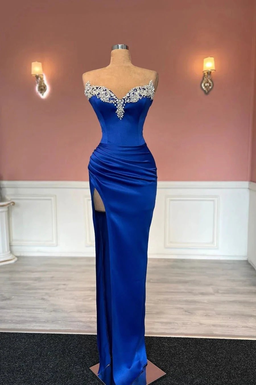 Glamorous Long Royal Blue Column Jewels Strapless Prom Dress With Slit by misshow.com