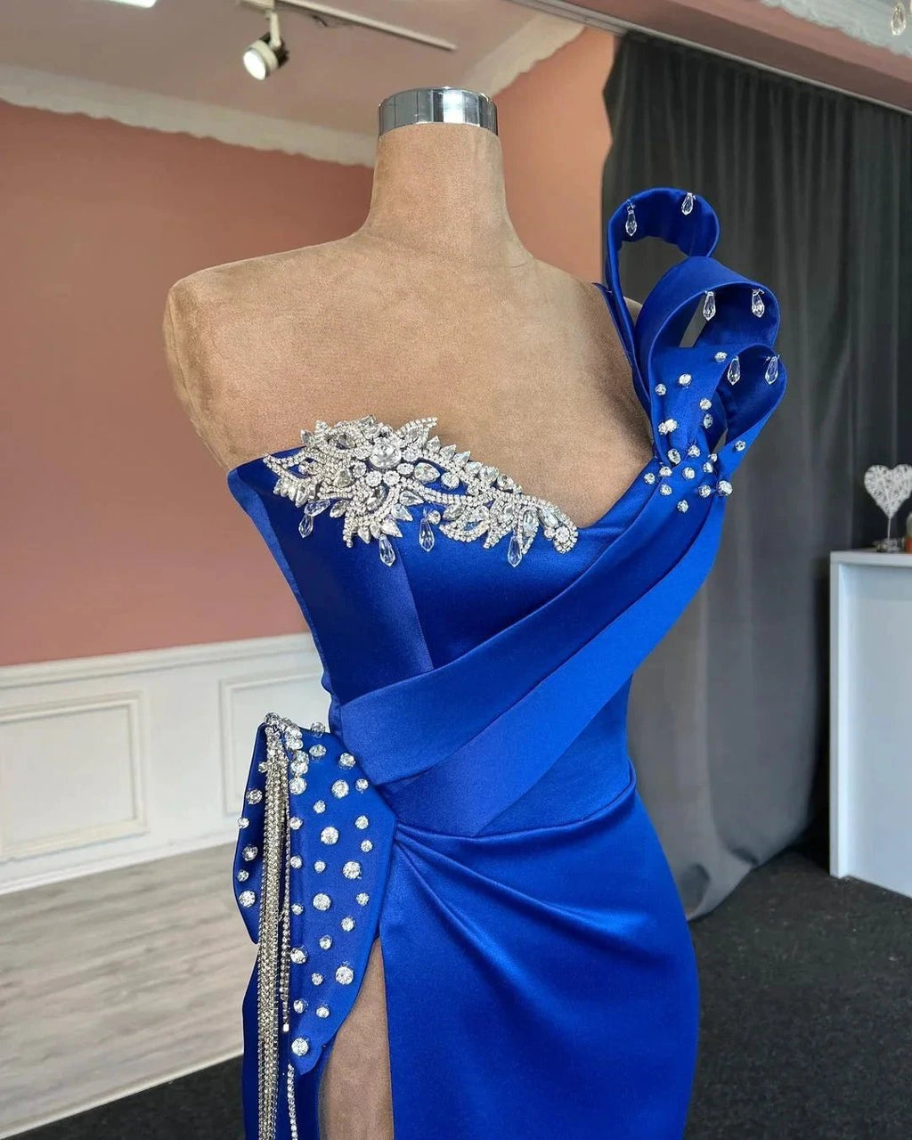 Glamorous Long Royal Blue Column One Shoulder Jewels Prom Dress With Slit by misshow.com