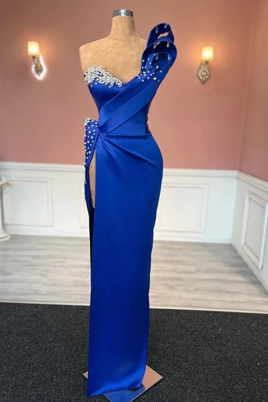 Glamorous Long Royal Blue Column One Shoulder Jewels Prom Dress With Slit by misshow.com