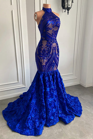 Glamorous Long Royal Blue Halter Lace Flowers Sleeveless Mermaid Prom Dress