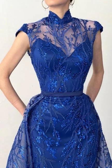 Glamorous Long Royal Blue High Neck Lace Sleeveless Prom Dress With Detachable Train by misshow.com