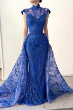 Glamorous Long Royal Blue High Neck Lace Sleeveless Prom Dress With Detachable Train by misshow.com