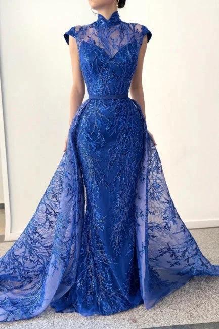 Glamorous Long Royal Blue High Neck Lace Sleeveless Prom Dress With Detachable Train by misshow.com