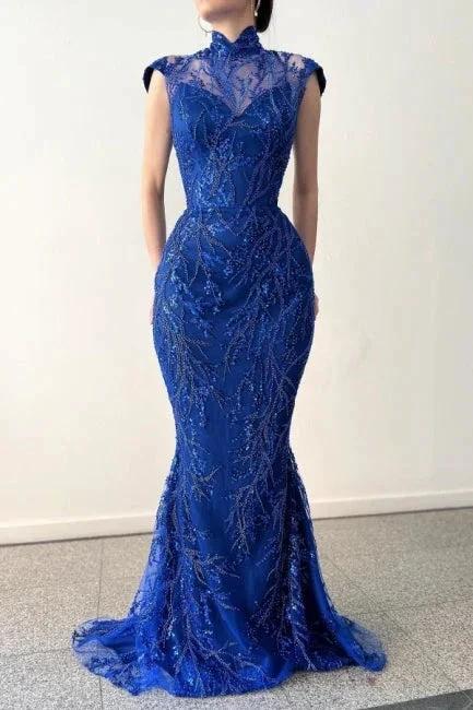 Glamorous Long Royal Blue High Neck Lace Sleeveless Prom Dress With Detachable Train by misshow.com
