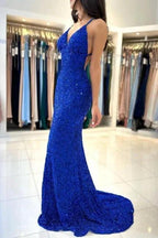 Glamorous Long Royal Blue V-neck Spaghetti Straps Glitter Sleeveless Evening Dresses by misshow.com