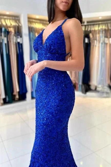 Glamorous Long Royal Blue V-neck Spaghetti Straps Glitter Sleeveless Evening Dresses by misshow.com
