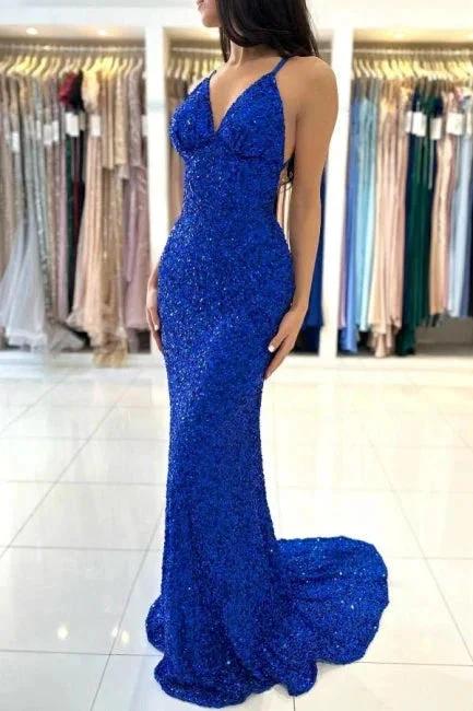 Glamorous Long Royal Blue V-neck Spaghetti Straps Glitter Sleeveless Evening Dresses by misshow.com