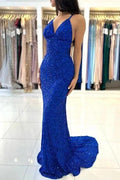 Glamorous Long Royal Blue V-neck Spaghetti Straps Glitter Sleeveless Evening Dresses by misshow.com