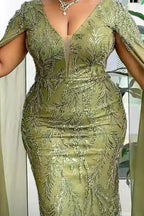 Glamorous Long Sage V-neck Mermaid Lace Beading Evening Dress by misshow.com