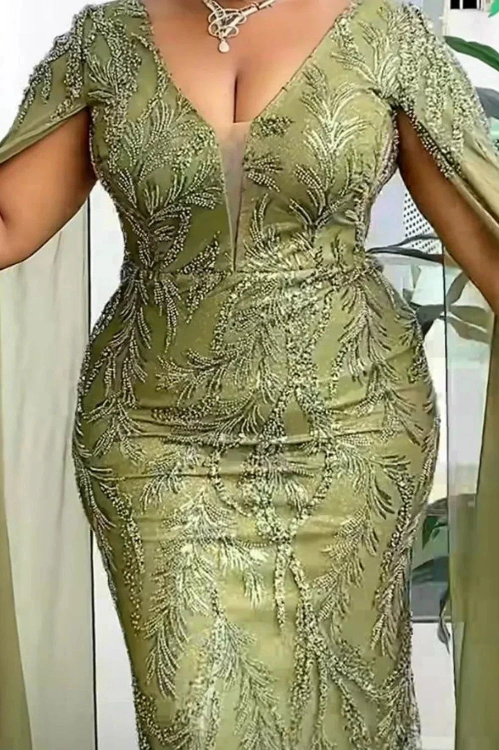 Glamorous Long Sage V-neck Mermaid Lace Beading Evening Dress by misshow.com
