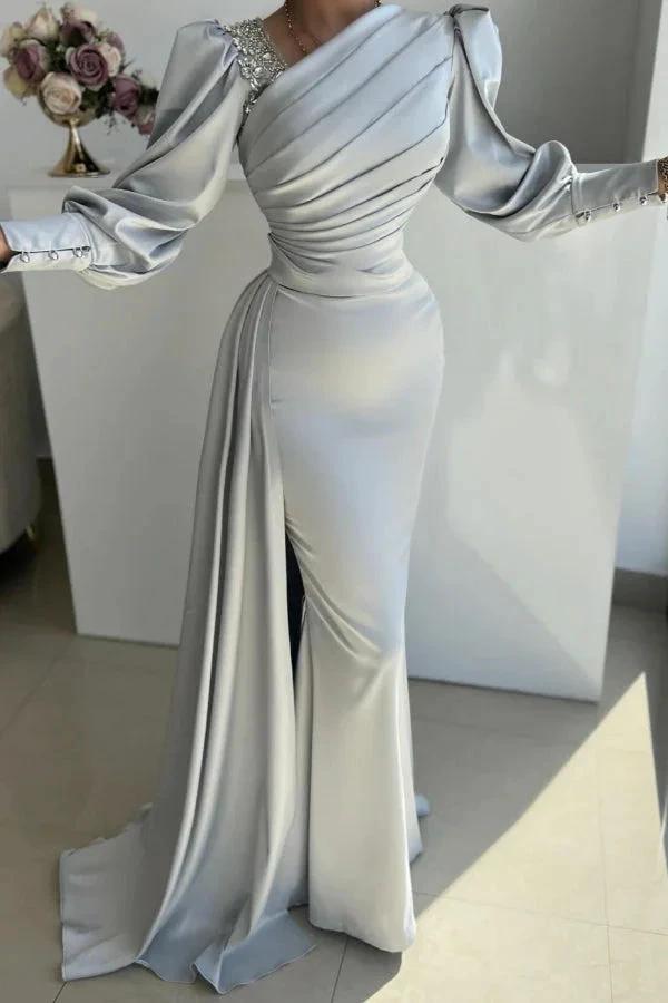 Glamorous Long Silver Mermaid Satin Pleated Long Sleeves Prom Dress with Side Slit by misshow.com
