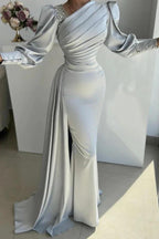 Glamorous Long Silver Mermaid Satin Pleated Long Sleeves Prom Dress with Side Slit by misshow.com