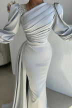 Glamorous Long Silver Mermaid Satin Pleated Long Sleeves Prom Dress with Side Slit by misshow.com