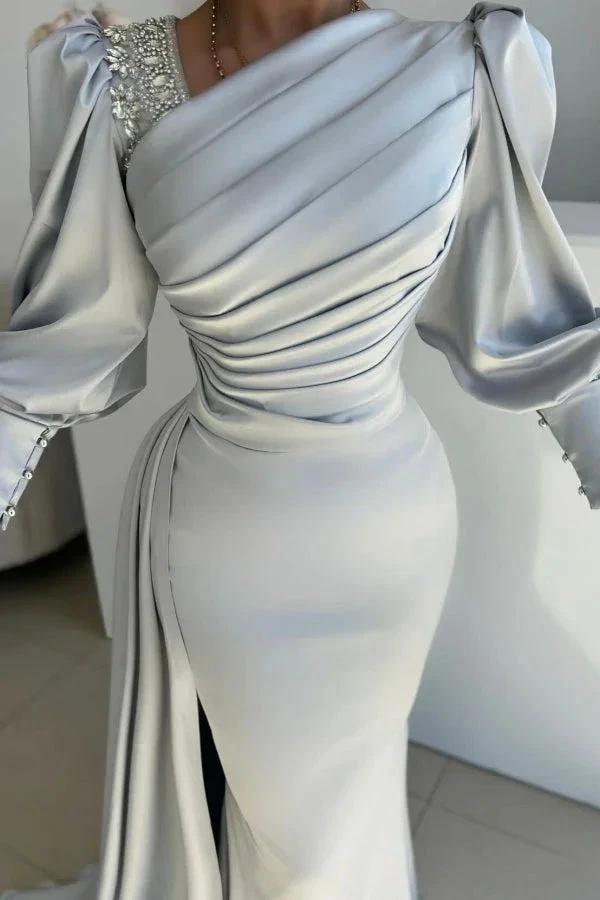 Glamorous Long Silver Mermaid Satin Pleated Long Sleeves Prom Dress with Side Slit by misshow.com