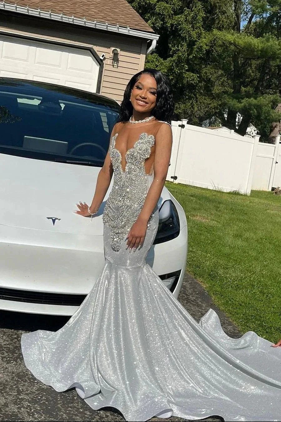 Glamorous Long Silver Mermaid Sequined Sleeveless Prom Dress With Lace by misshow.com
