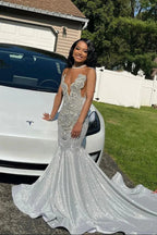 Glamorous Long Silver Mermaid Sequined Sleeveless Prom Dress With Lace by misshow.com