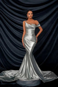 Glamorous Long Silver One Shoulder Sequined Sleeveless Mermaid Prom Dress by misshow.com