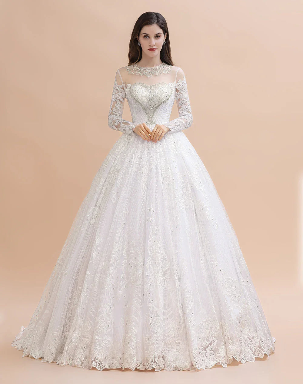 Abito da sposa con maniche lunghe scintillanti, perline e applicazioni in pizzo bianco/avorio