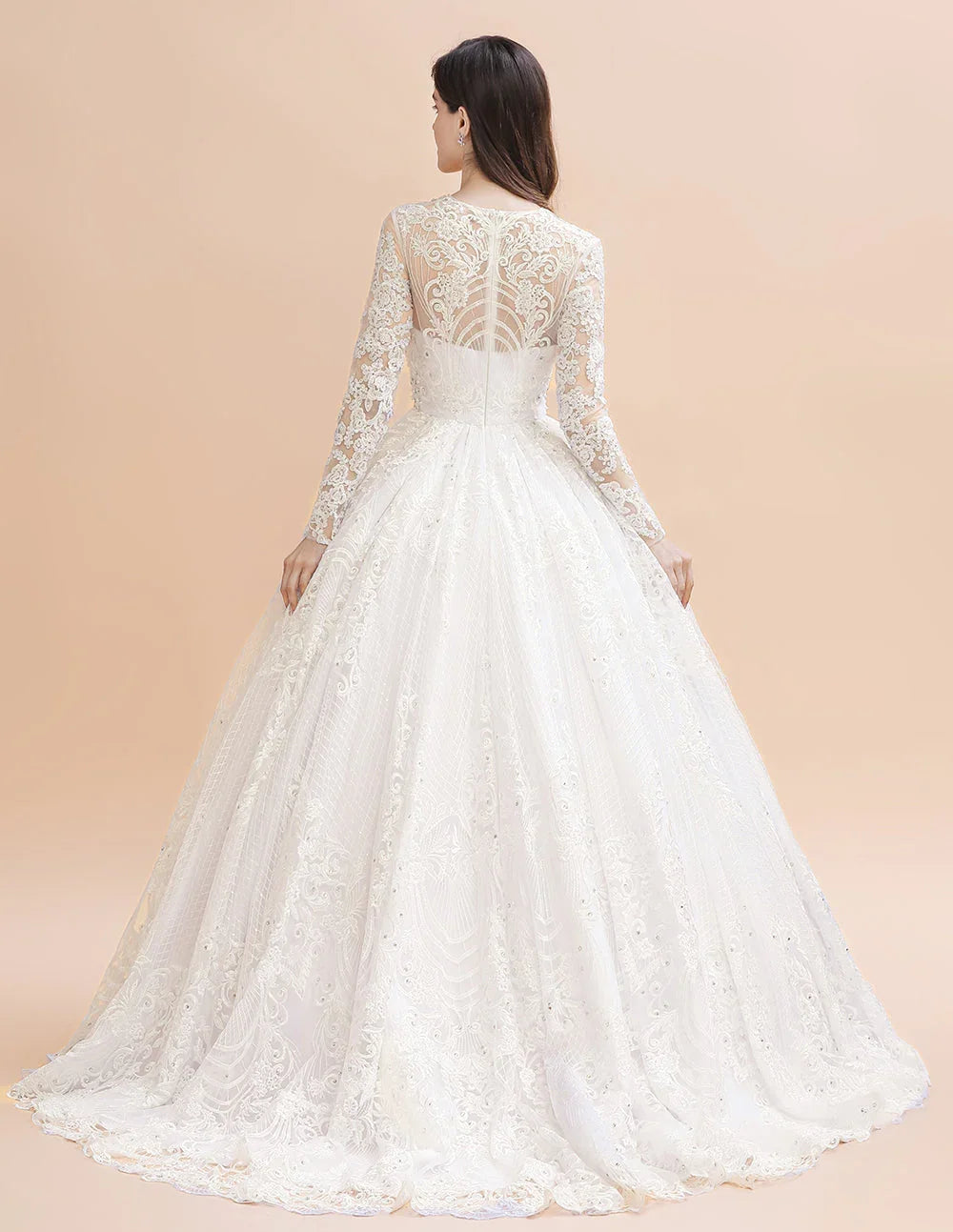 Abito da sposa con maniche lunghe scintillanti, perline e applicazioni in pizzo bianco/avorio