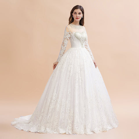 Glamorous Long Sleeve Beads White/Ivory Lace Appliques Wedding Dress