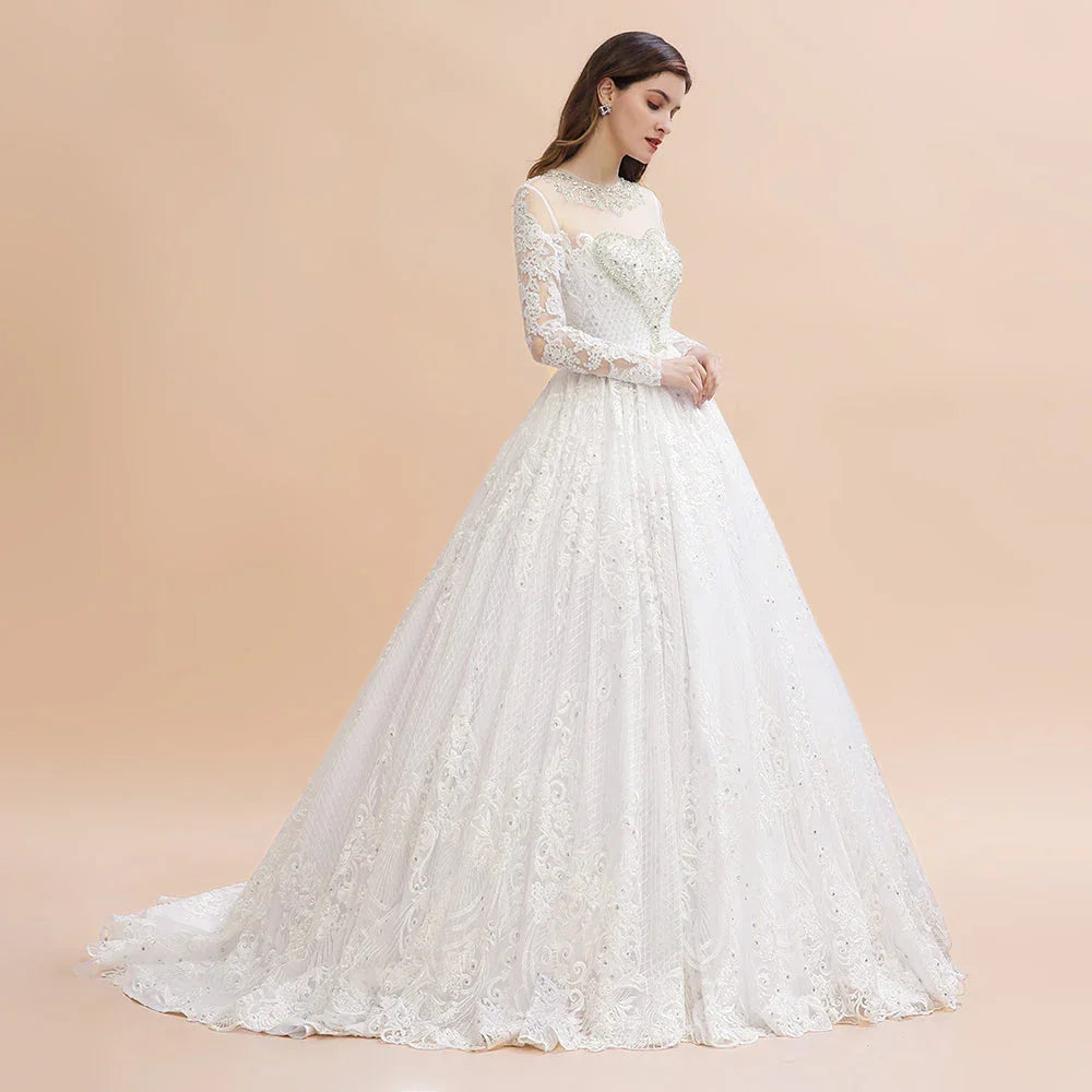 Abito da sposa con maniche lunghe scintillanti, perline e applicazioni in pizzo bianco/avorio