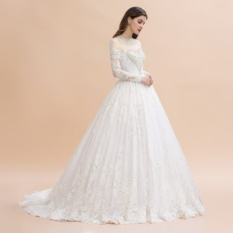 Glamorous Long Sleeve Beads White/Ivory Lace Appliques Wedding Dress