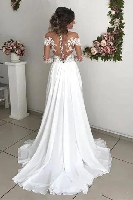 Glamorous Long Sleeve Lace Wedding Dresses | Chiffon Bridal Gowns With Slit by misshow.com