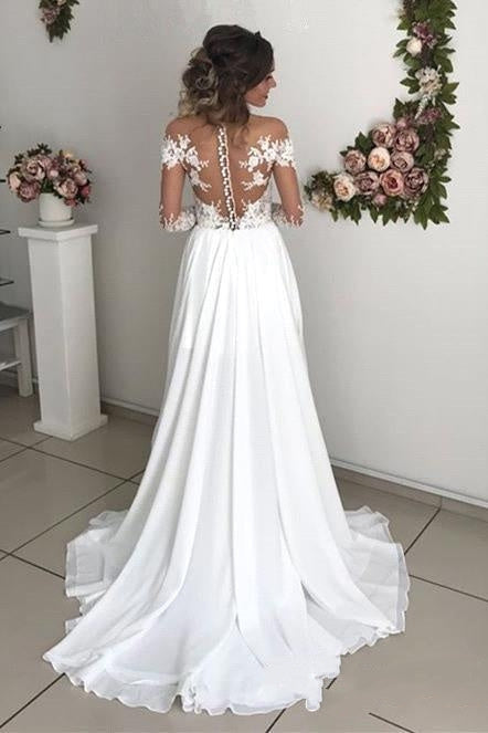Glamorous Long Sleeve Lace Wedding Dresses | Chiffon Bridal Gowns With Slit Main Image