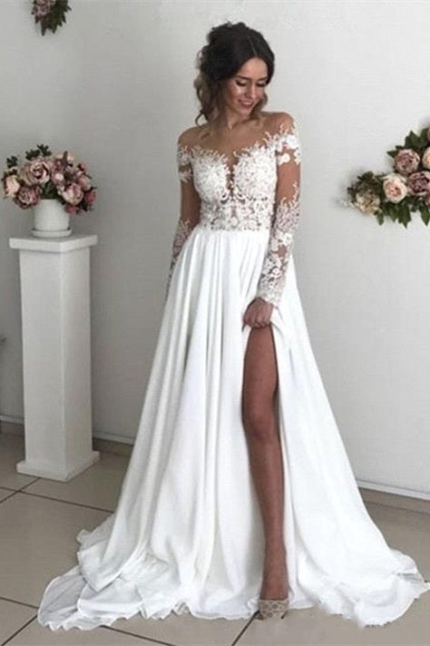 Glamorous Long Sleeve Lace Wedding Dresses | Chiffon Bridal Gowns With Slit Hover Image