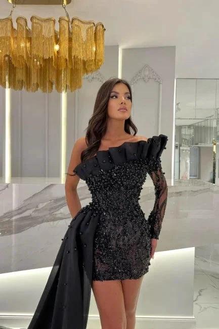 Glamorous long sleeve strapless column hardnet Evening Dress with ruffles by misshow.com