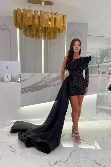 Glamorous long sleeve strapless column hardnet Evening Dress with ruffles by misshow.com
