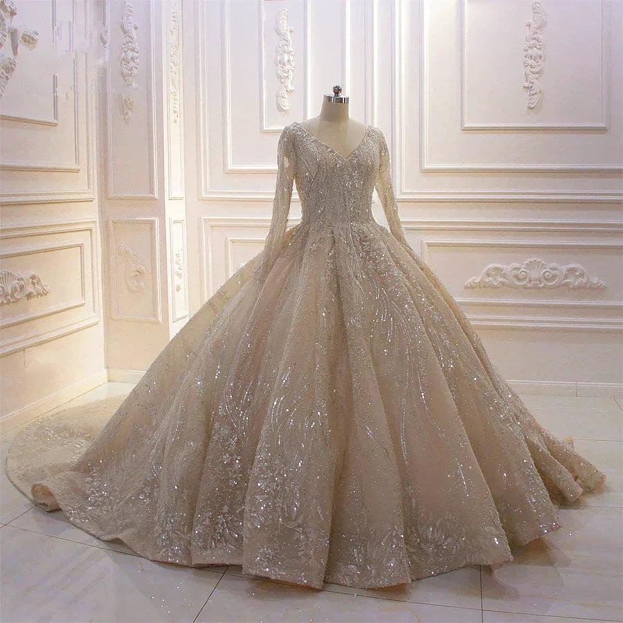 Glamorous Long Sleeve V-neck Sequin Beading Ball Gown Wedding Dress by BIZTUNNEL
