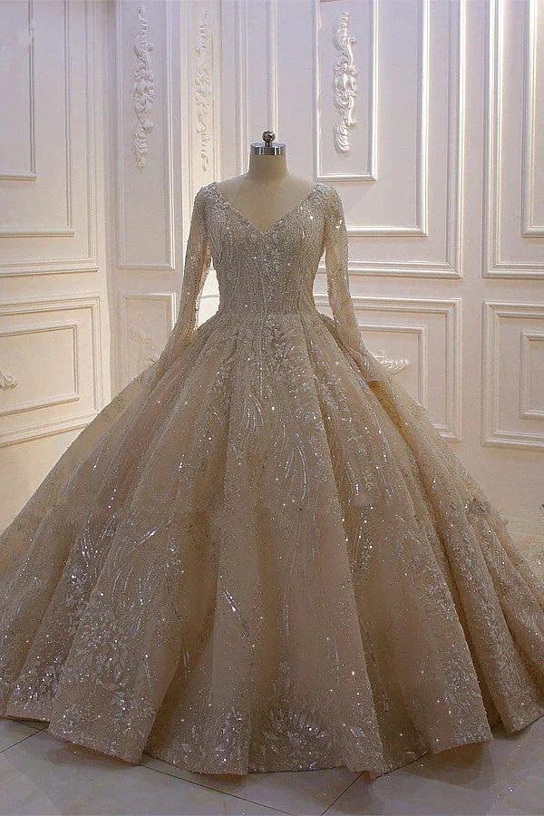Glamorous Long Sleeve V-neck Sequin Beading Ball Gown Wedding Dress by BIZTUNNEL