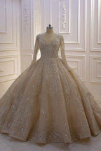 Glamorous Long Sleeve V-neck Sequin Beading Ball Gown Wedding Dress by BIZTUNNEL