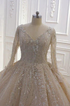 Glamorous Long Sleeve V-neck Sequin Beading Ball Gown Wedding Dress by BIZTUNNEL