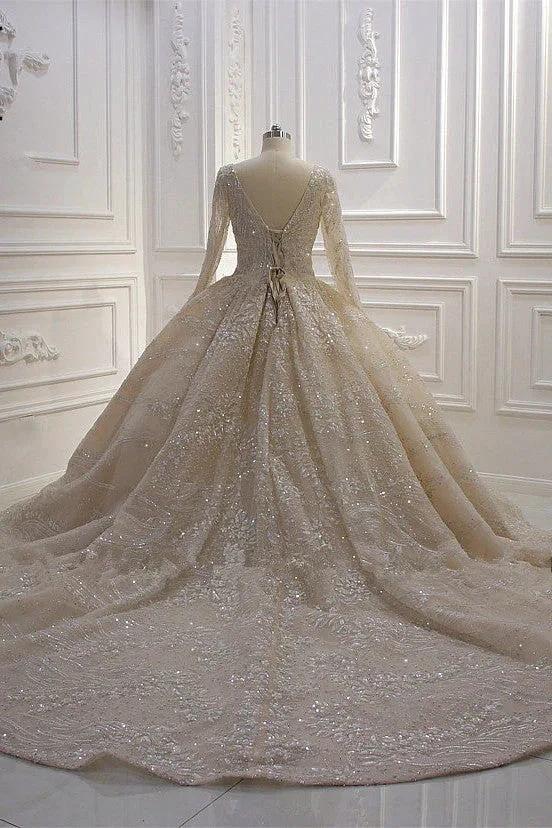 Glamorous Long Sleeve V-neck Sequin Beading Ball Gown Wedding Dress by BIZTUNNEL