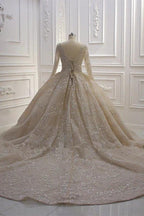 Glamorous Long Sleeve V-neck Sequin Beading Ball Gown Wedding Dress by BIZTUNNEL