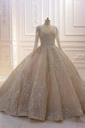 Glamorous Long Sleeve V-neck Sequin Beading Ball Gown Wedding Dress by BIZTUNNEL