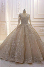 Glamorous Long Sleeve V-neck Sequin Beading Ball Gown Wedding Dress by BIZTUNNEL