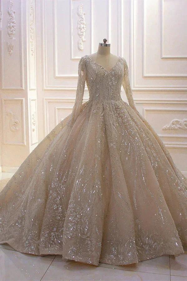 Glamorous Long Sleeve V-neck Sequin Beading Ball Gown Wedding Dress by BIZTUNNEL