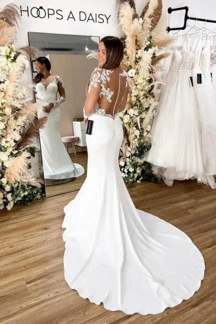 Glamorous Long Sleeves Hollow Back Floral Lace Mermaid Wedding Dress by misshow.com