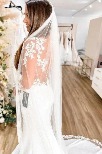 Glamorous Long Sleeves Hollow Back Floral Lace Mermaid Wedding Dress by misshow.com