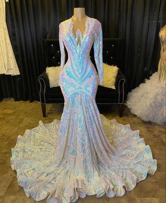 Glamorous Long Sleeves Prom Dress Mermaid Sequins On Sale by misshow.com