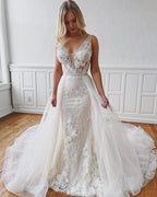Glamorous Long Straps V-Neck Lace Mermaid Detachable Wedding Dresses by BIZTUNNEL