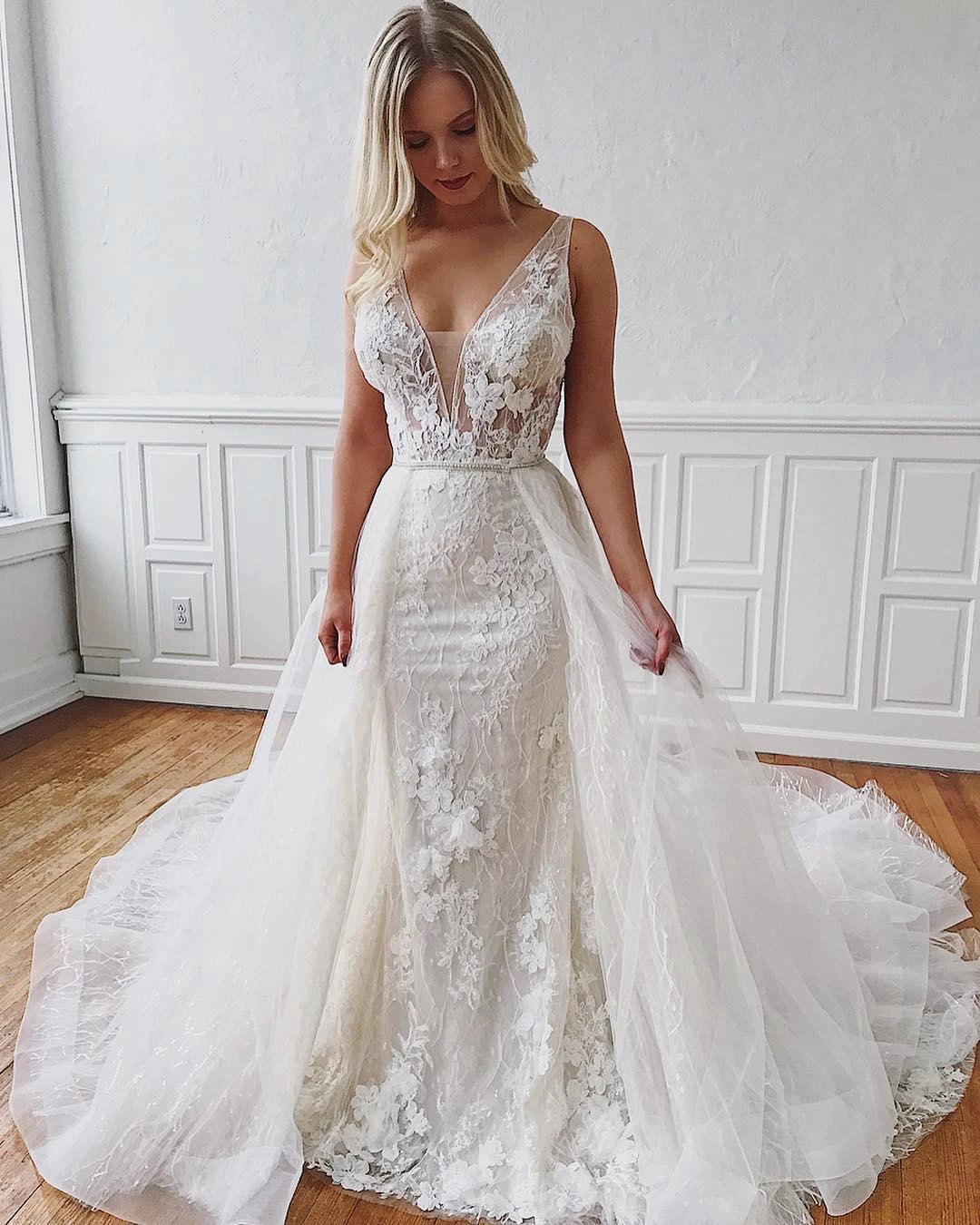 Glamorous Long Straps V-Neck Lace Mermaid Detachable Wedding Dresses by BIZTUNNEL