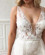 Glamorous Long Straps V-Neck Lace Mermaid Detachable Wedding Dresses by BIZTUNNEL