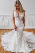 Glamorous Long Straps V-Neck Lace Mermaid Detachable Wedding Dresses by BIZTUNNEL